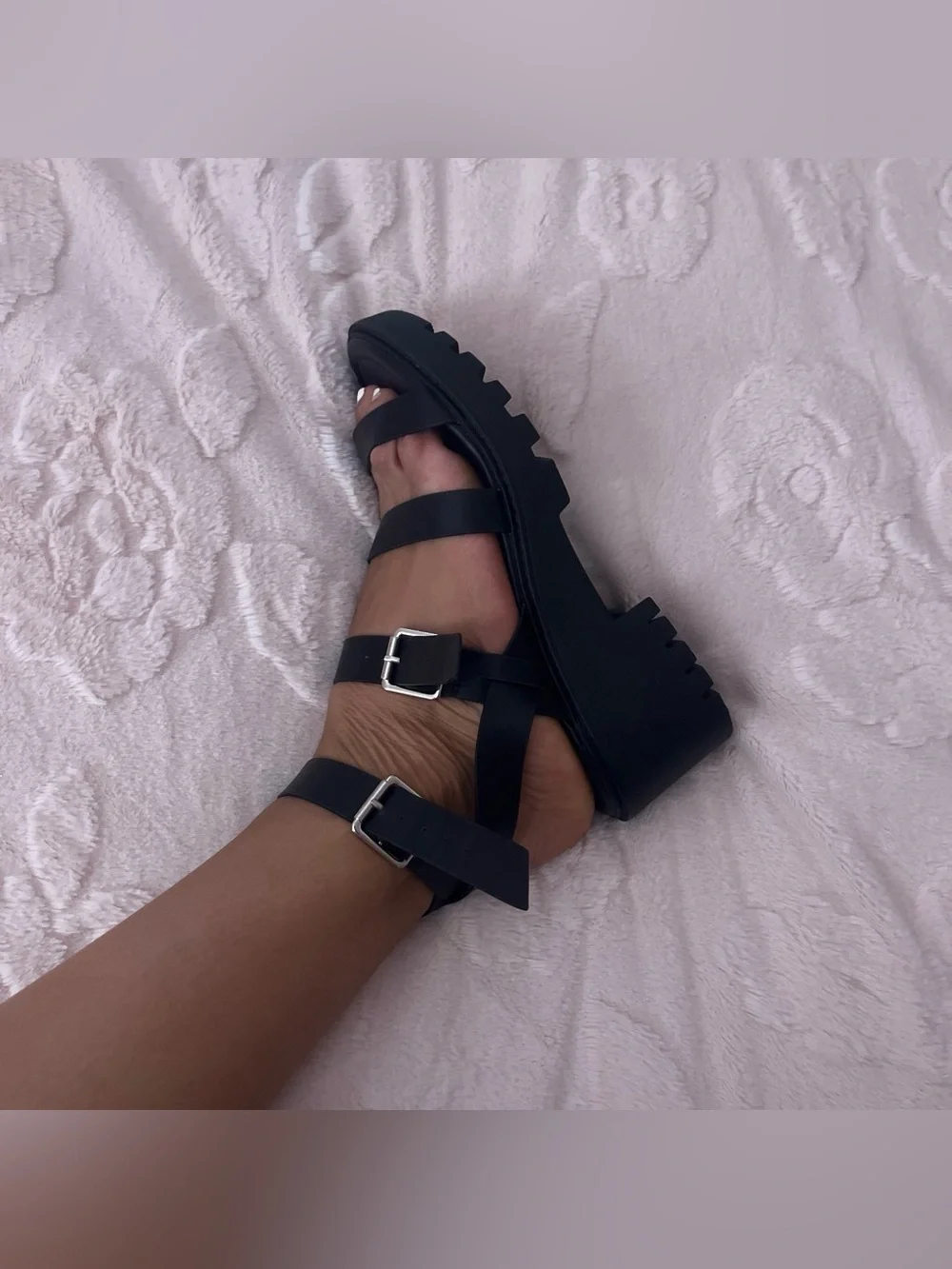 Soda Black Strappy Lug-Sole Platform Sandals